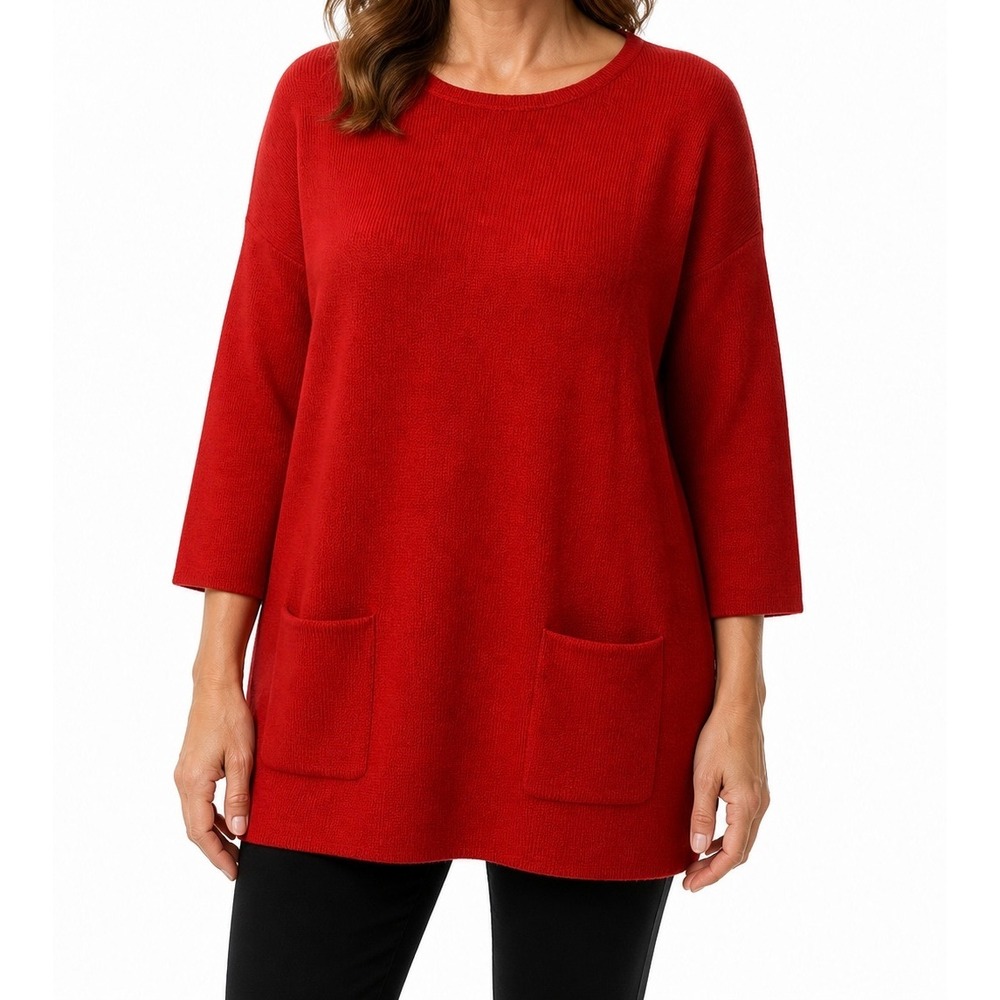 Lilla P Womens coral Red Cotton Modal 3/4 Sleeve Pocket Tunic Sweater Large